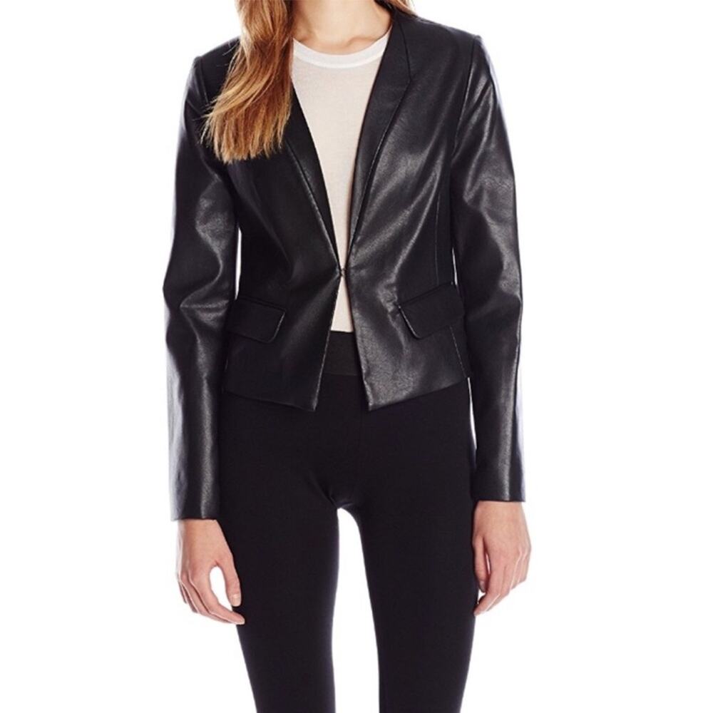 BCBGMAXAZRIA Womens XS Cruz Faux Leather Lined Blazer in Black NEW
